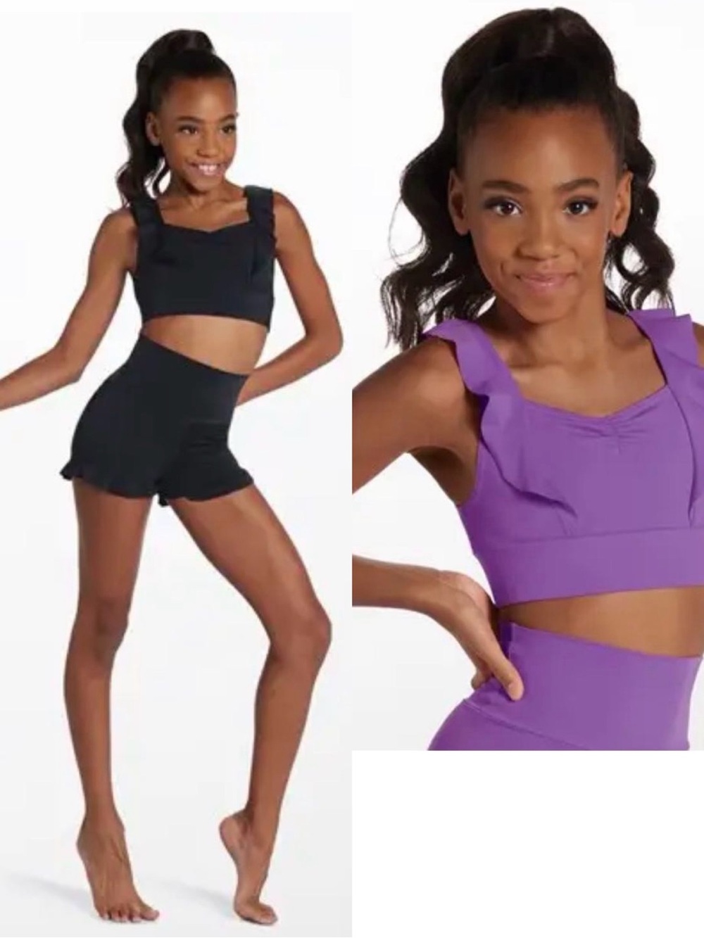 2 sets ofbalera Ruffle Strap Crop Top & High-Waist Shorts Set - Purple and Black